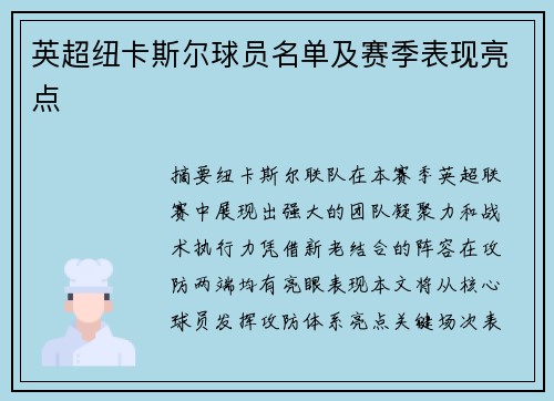 英超纽卡斯尔球员名单及赛季表现亮点